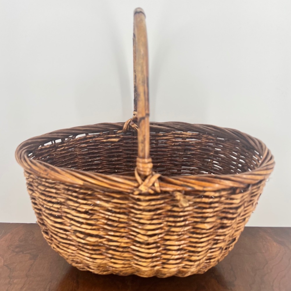 Vintage French Country Woven Rattan Wicker Gathering Basket Farmhouse Cottage